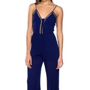 Plunge Cage Jumpsuit Navy Blue